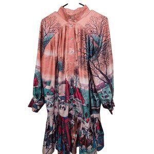 Button-Up Grama Core Plus Size Long-Sleeve Dress Country Winter Scene Print Ple